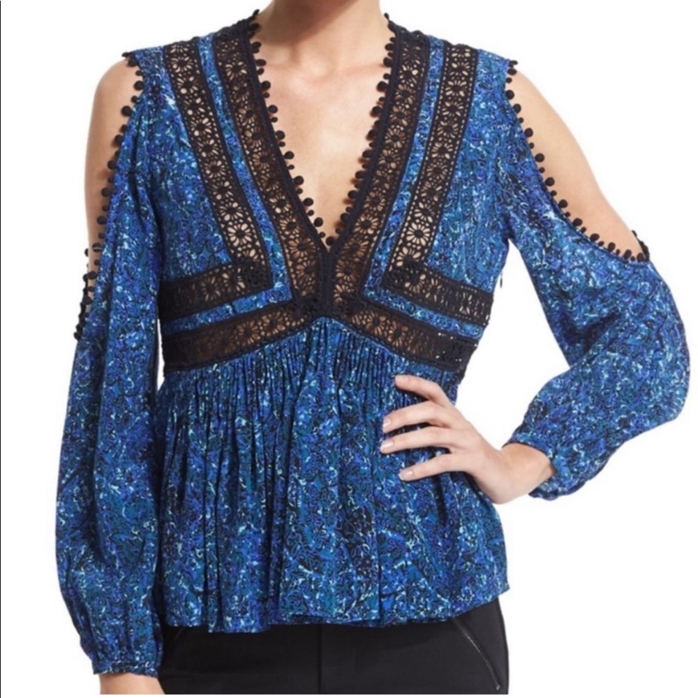 Rebecca Taylor Blue Cold-Shoulder Lace-Trim Blouse